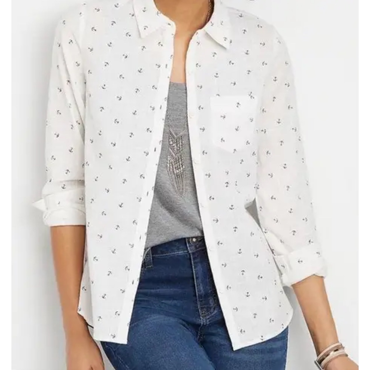 Maurices Sz Xl Womens 100% Cotton Anchor Novelty Long Sleeve Button Top Nautical
